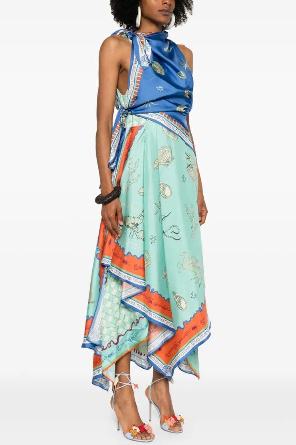 Surrealist Summer Satin Unique Print Tie-up Details Layered Hem Scarf Maxi Dress