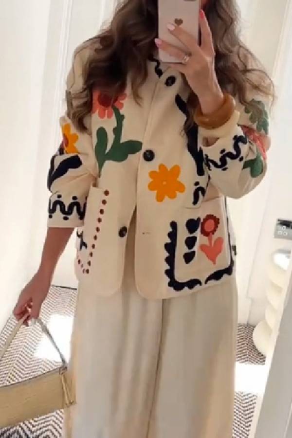 Vintage Floral Graffiti Embroidered Round‑Neck Jacket