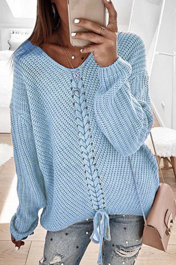 Loose V Neck Drawstring Open Back Pullover Knitted Sweater Blue