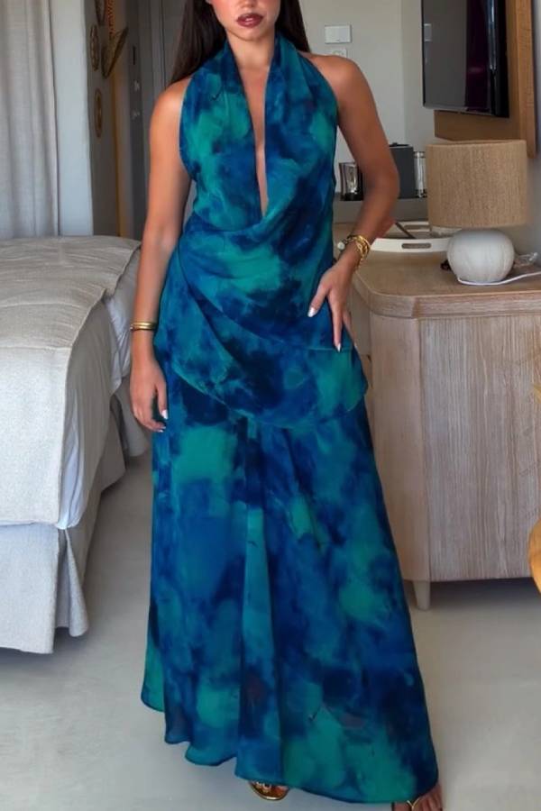 Halter Cowl Neck Tie Dye Maxi Dress