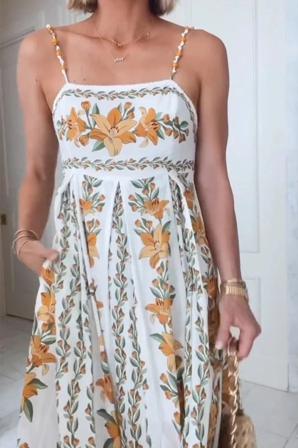 Summer Dreamer Linen Blend Unique Print Beaded Straps Pocketed Maxi Dress