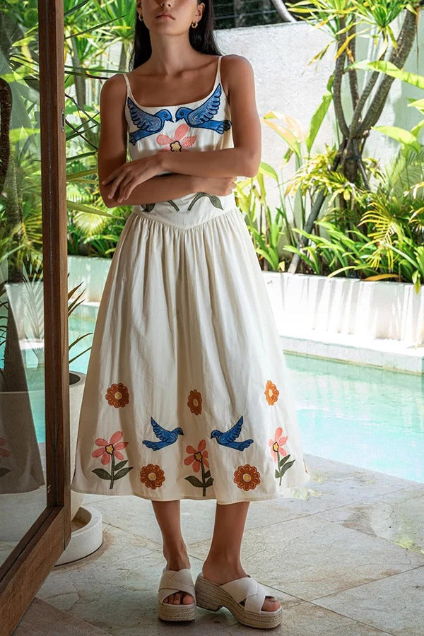 Embroidered Printed Suspenders Pleated Holiday Midi Dress White