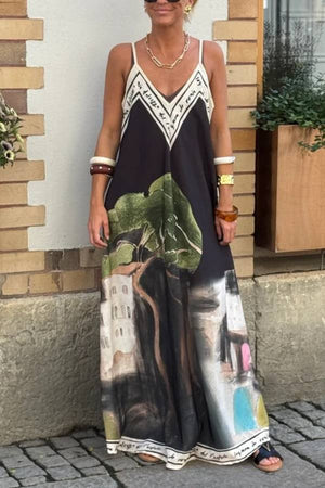 Artistic Oil Painting Print V-Neck Slip Maxi Dress