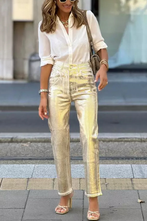 Retro straight-leg gold trousers with loose pockets and wide legs Gold