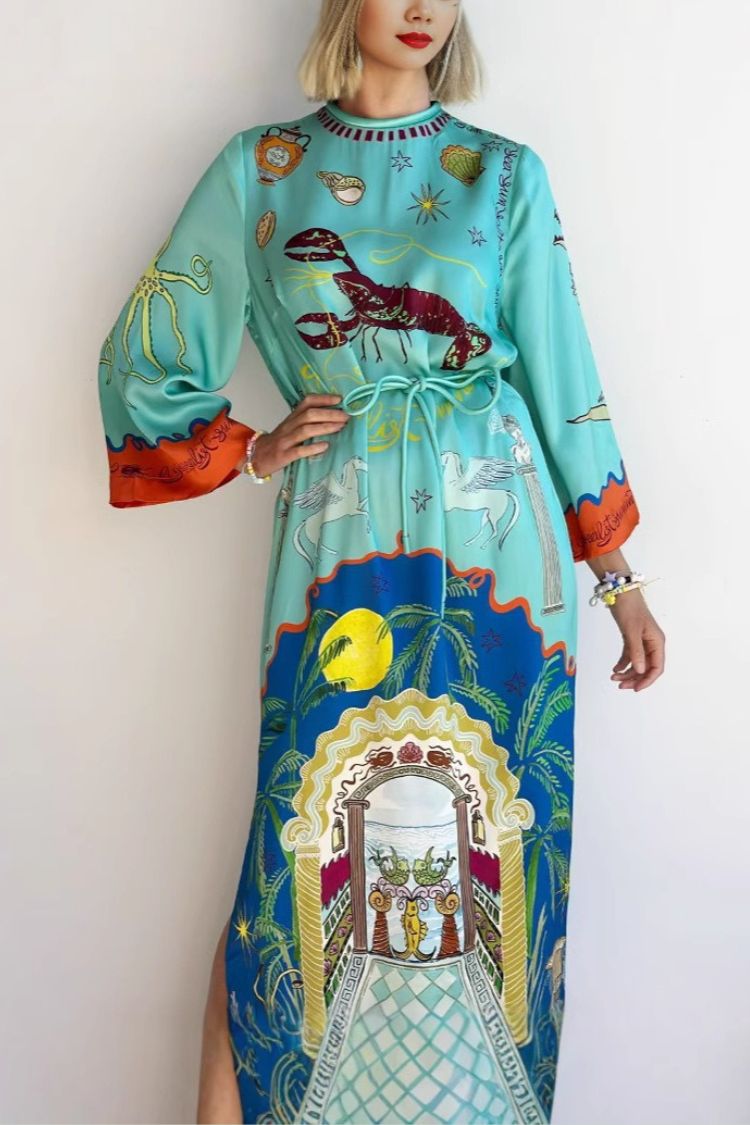 Satin Unique Print Long-sleeve Tie-waist Slit Maxi Dress