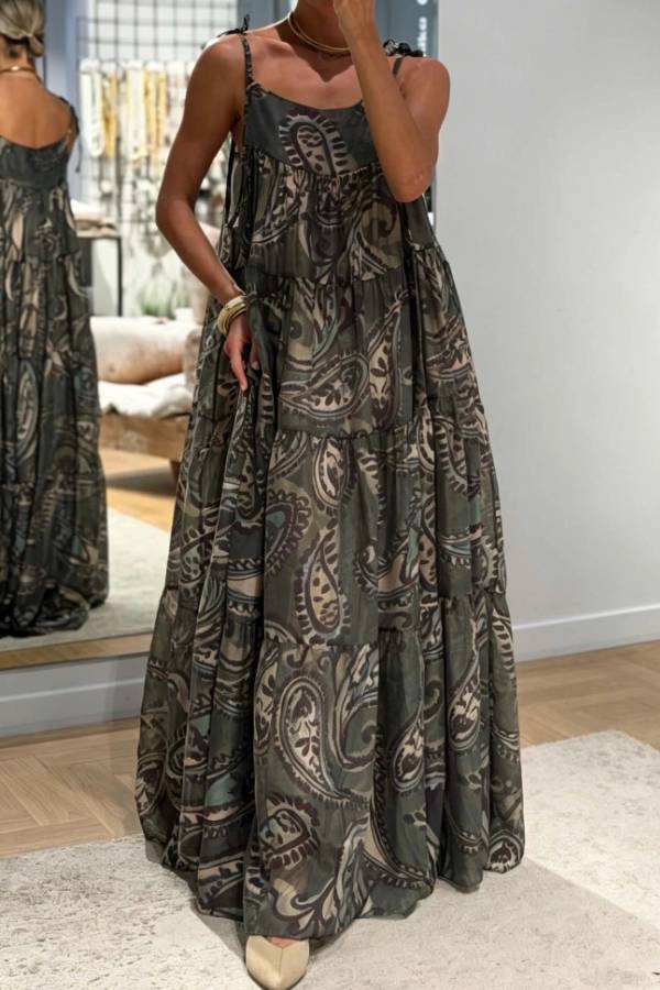 Paisley Print Spaghetti Strap Tiered Maxi Dress
