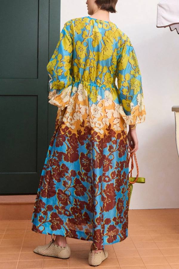 V Neck Gradient Floral Drawstring Long Sleeve Maxi Dress