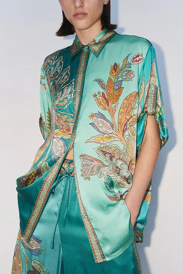 Somewhere Sunny Satin Botanical Print Short Sleeve Button Oversized Blouse Green