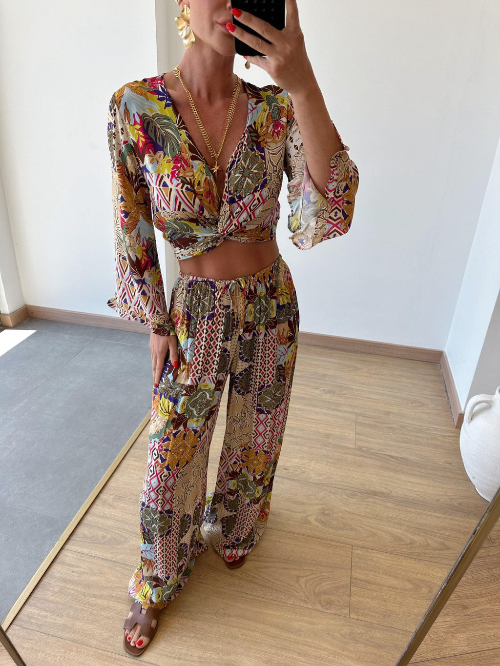 Retro Plant Print Short Wide-leg Pants