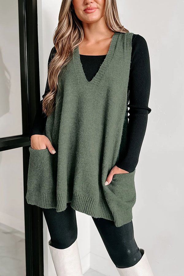 Fabulously Chic Knit Side Pocket Oversized Sweater Vest Green