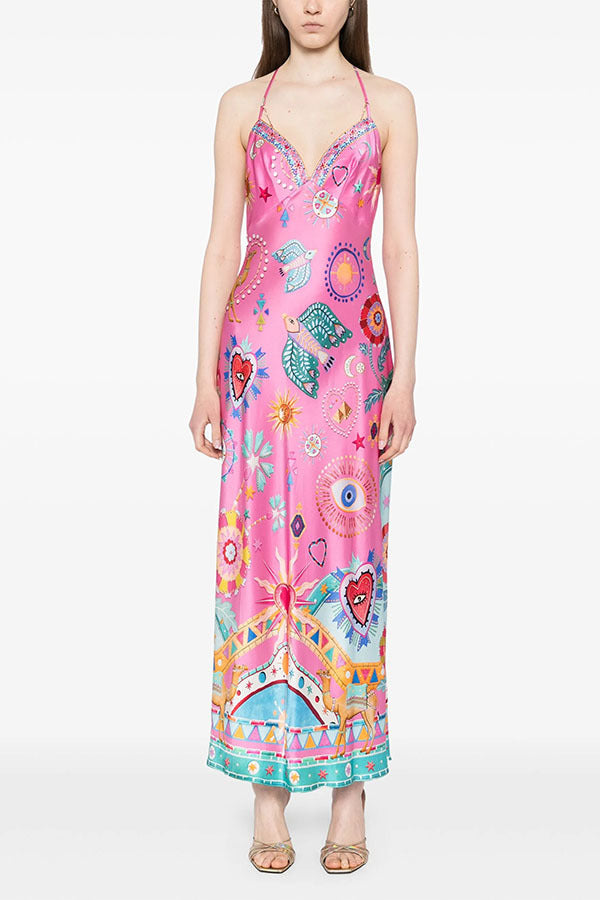 Pink Fantasy Print Halter Backless Silk Maxi Dress