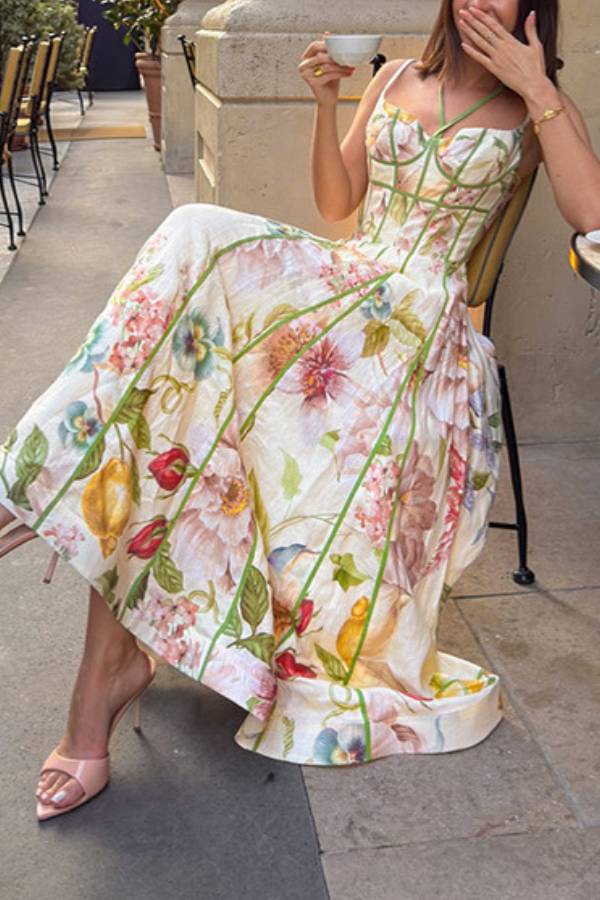 Halter Thin Strap Oil Painting Floral Boned Corset Midi Dress