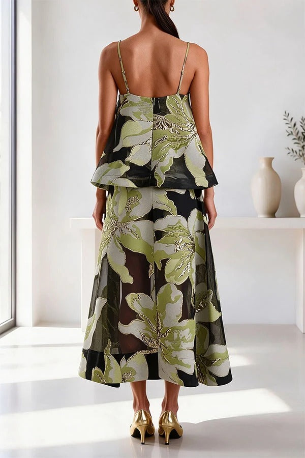 Effortlessly Romantic Floral Print Tiered Slip Square Neck A-line Maxi Dress