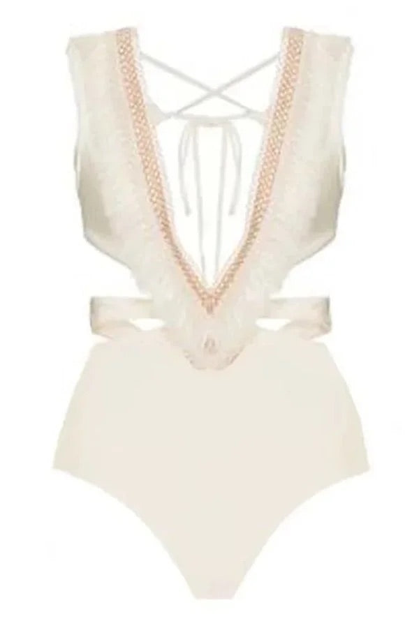Sexy Deep V Hollow Backless Strappy One-piece Bikini Swimsuit Beige
