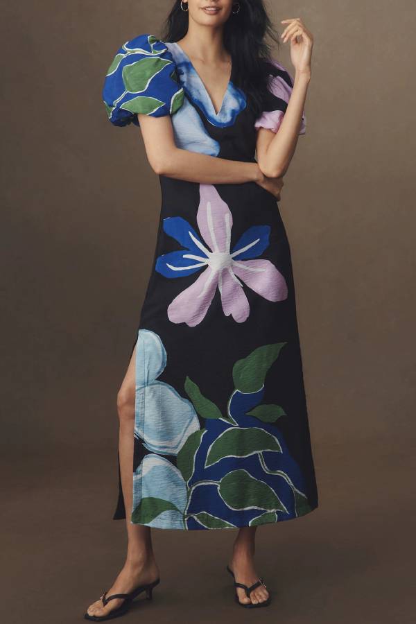 Watercolor Floral Print Puff Sleeve V-Neck Slit Midi Dress