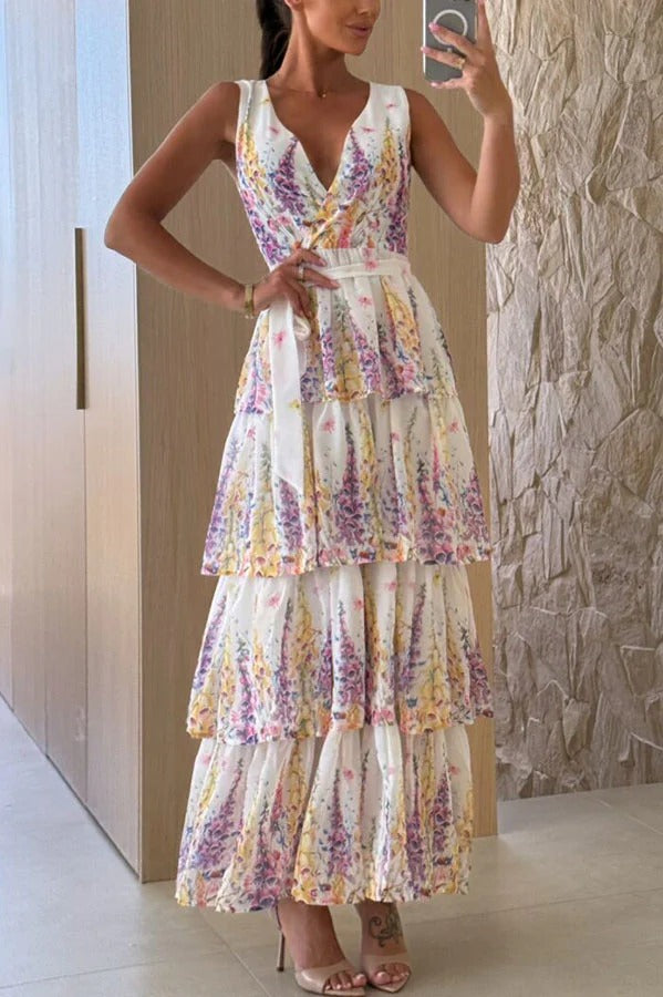Sunny Views Lavender Print V-neck Tie-up Tiered Maxi Dress