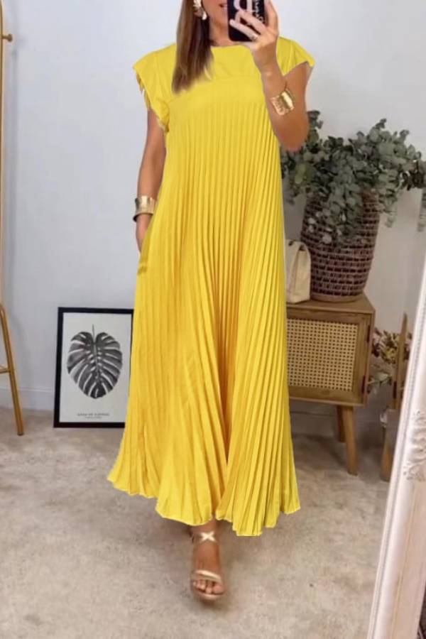 Women Pleated Simple Solid Color Dress Yellow