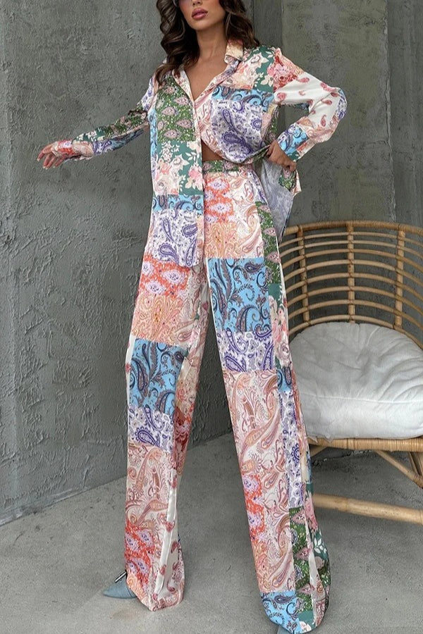 Unique Ethnic Print Long-sleeved Shirt and Elastic Waist Pants Set Multicolor