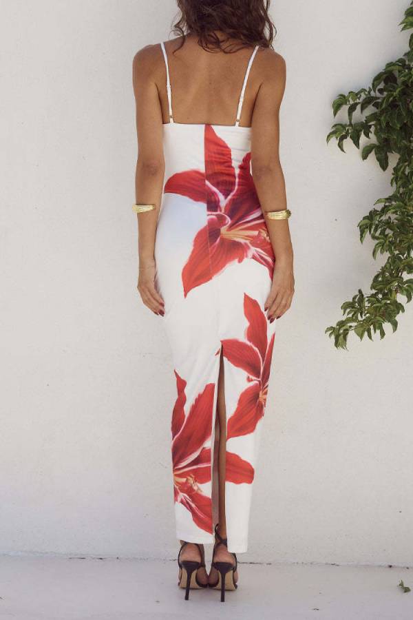 Spaghetti Strap Floral Print Bodycon Slit Maxi Dress