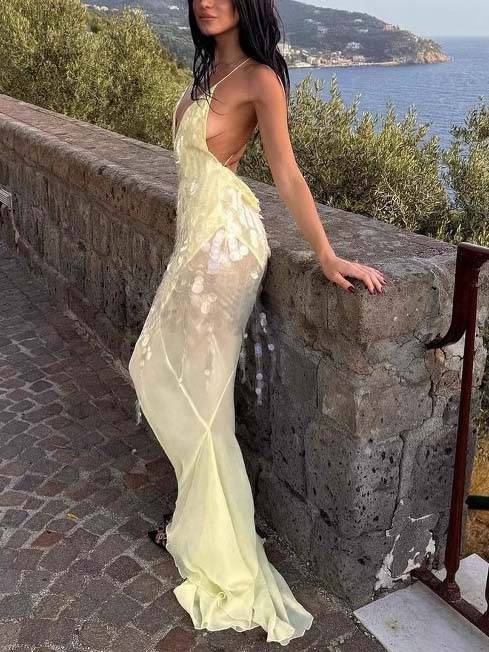 Rückenfreies Maxikleid mit V-Ausschnitt und Pailletten und Fischschwanz