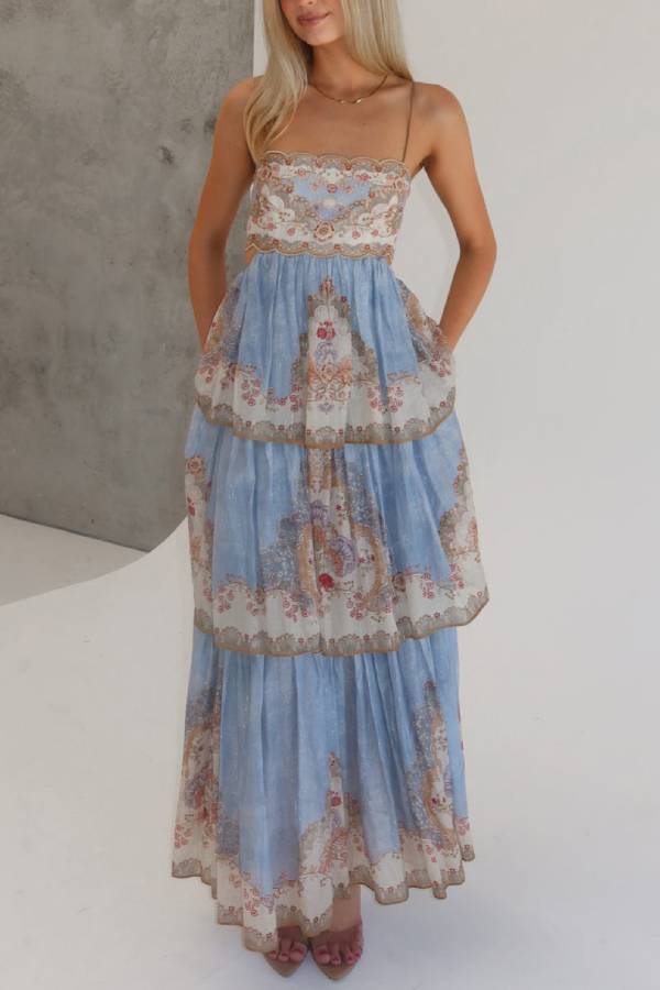 Bohemian Printed Spaghetti Strap Tiered Maxi Dress
