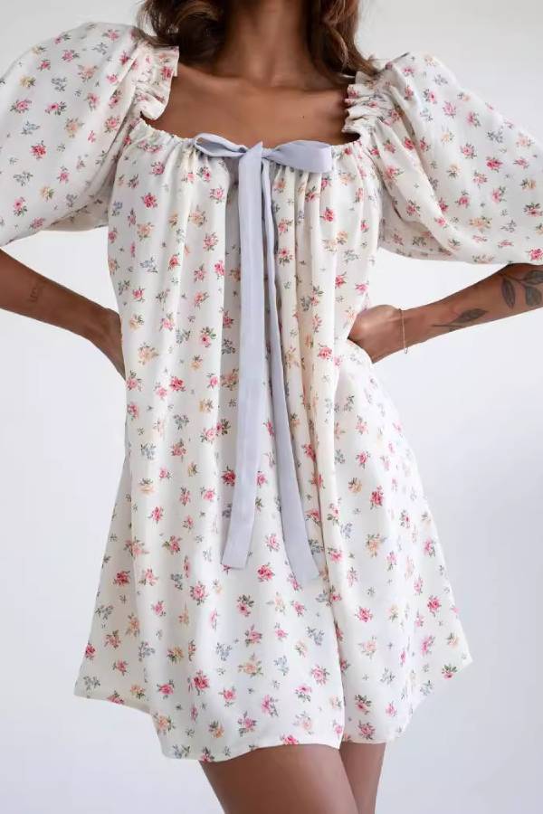 Square Neck Puff Sleeve Bow Tie Babydoll Mini Dress