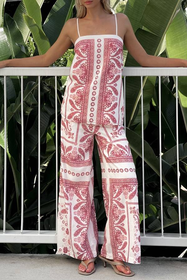 Unique Print Loose Casual Tank Top and Elastic Waist Wide Leg Straight Pants Set