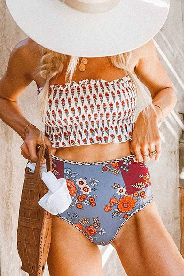 Floral Sleeveless Bikini Two Piece Swimsuit White
