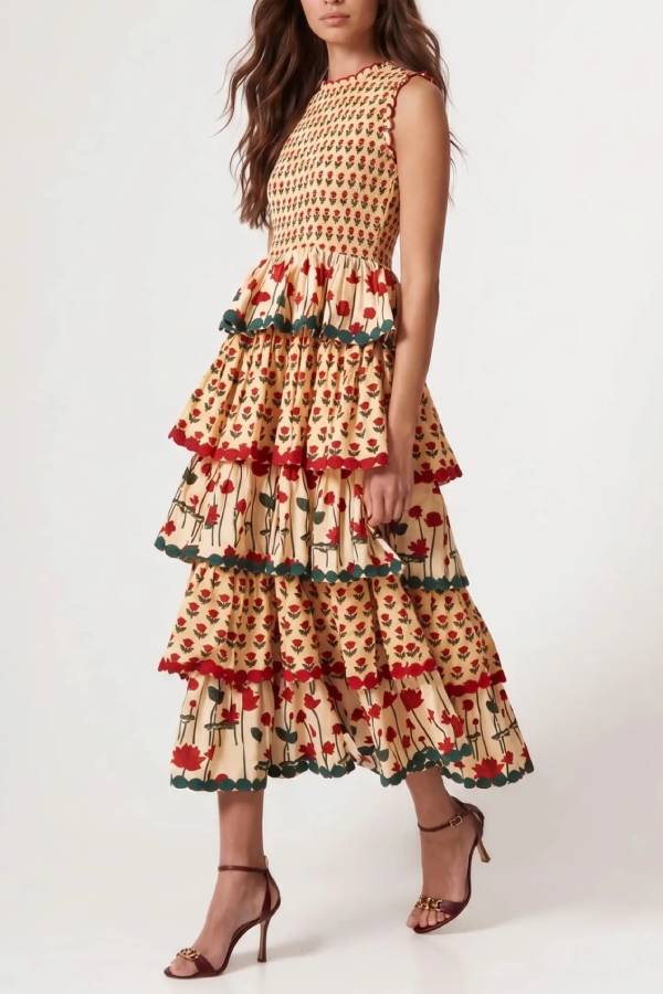 Pleated Deign Printed Maxi Dress