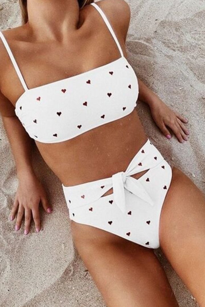Heart-shaped Print Bandage Cutout Design Bikini Set (6 Colors) White