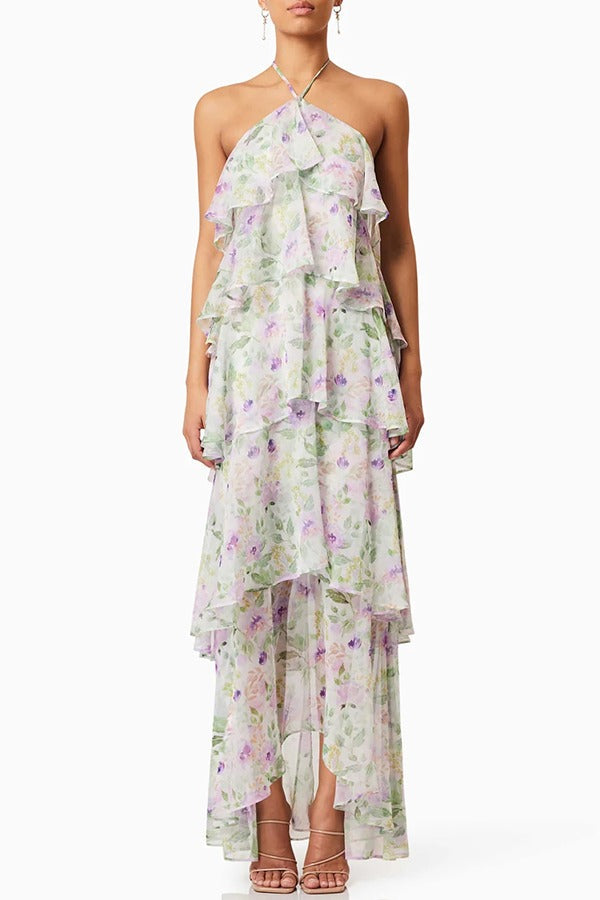 Cocktail Party Sheer Floral Georgette Halter Flowy Tiered Maxi Dress