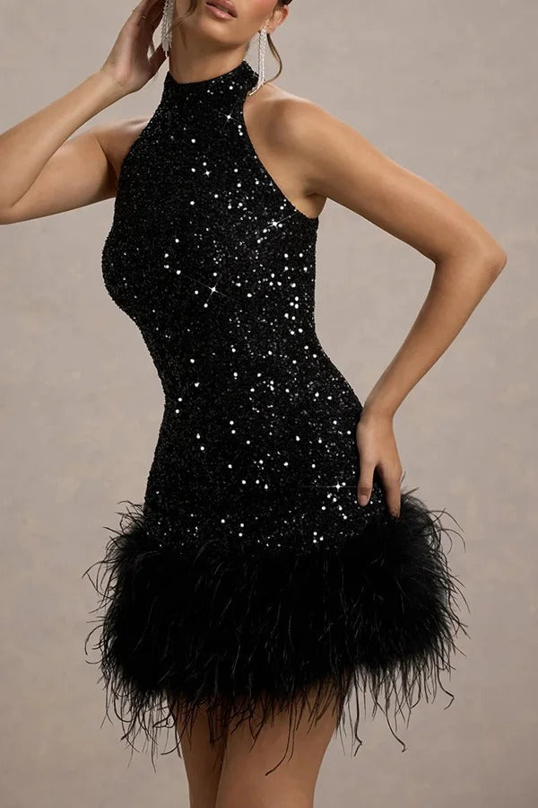 Dazzling and Playful Sequin High Neck Feather Trim Stretch Mini Dress Black