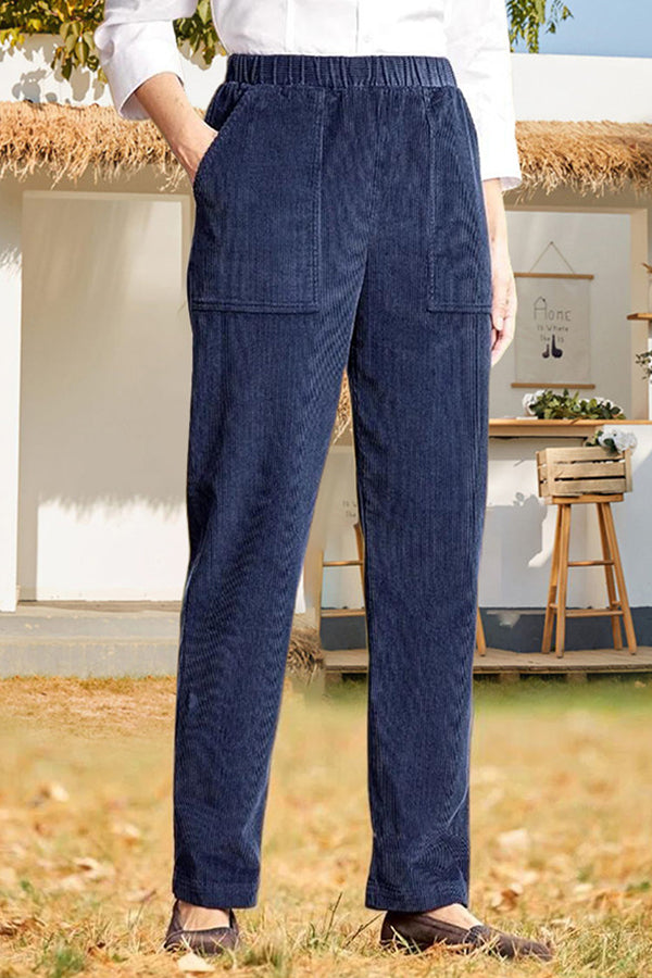 Solid color elastic waist striped straight casual pants Blue
