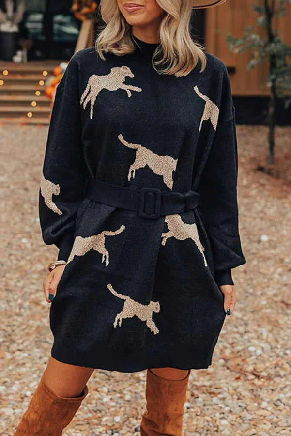Fiercely in Love Leopard Print Mock Neck Removable Belt Sweatshirt Mini Dress
