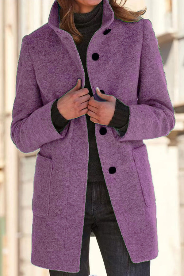 Retro Solid Color Button Stand Collar Wool Jacket Purple