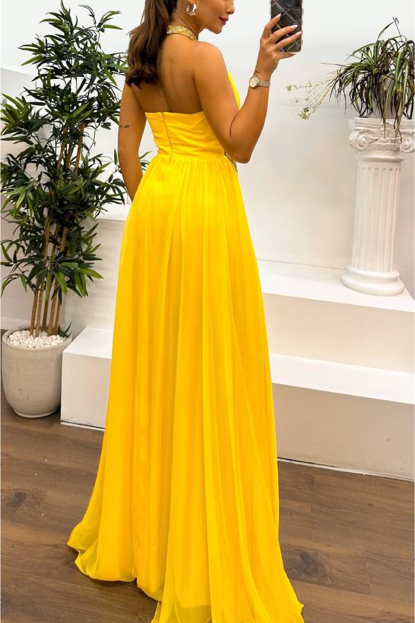 Yellow Halter Necklace Embroidery Detail Evening Dress