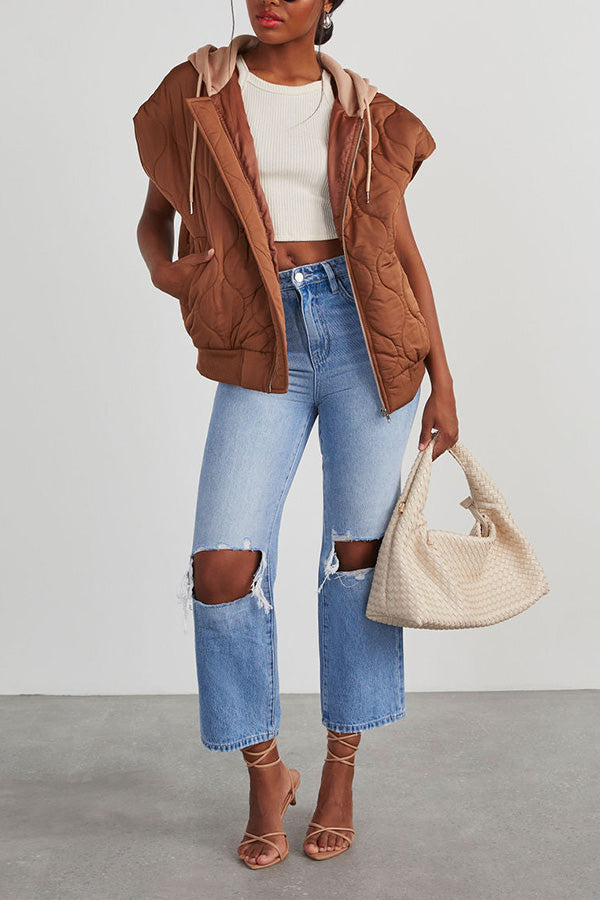 Fall and Forever Zipper Pocket Hooded Quilted Cotton Vest