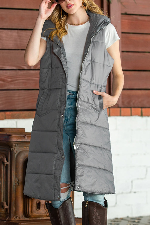 Hooded Pocketed Quilted Long Vest Coat Grey