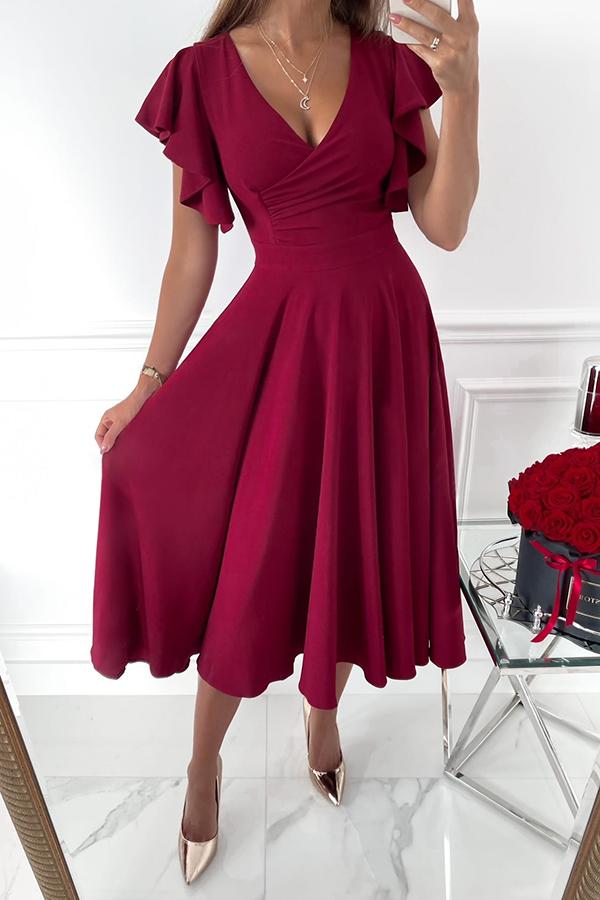 Ruffle Sleeves Midi Dress Red
