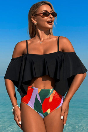 Two-piece swimsuit with large ruffled sleeves and floral shorts