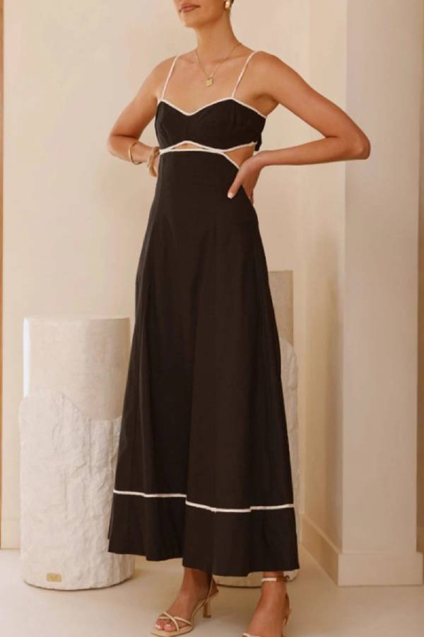 Thin Spaghetti Strap Color-Blocked Binding Cutout Back Bow Flared Hem Maxi Dress