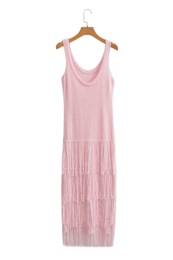 Solid Color Hem Fringe Knitted Suspender Dress Pink
