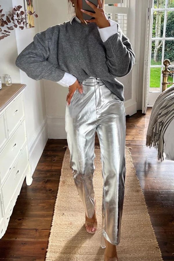 Funky Fun Design Metallic Fabric Pocket Stretch Straight Pants Silver
