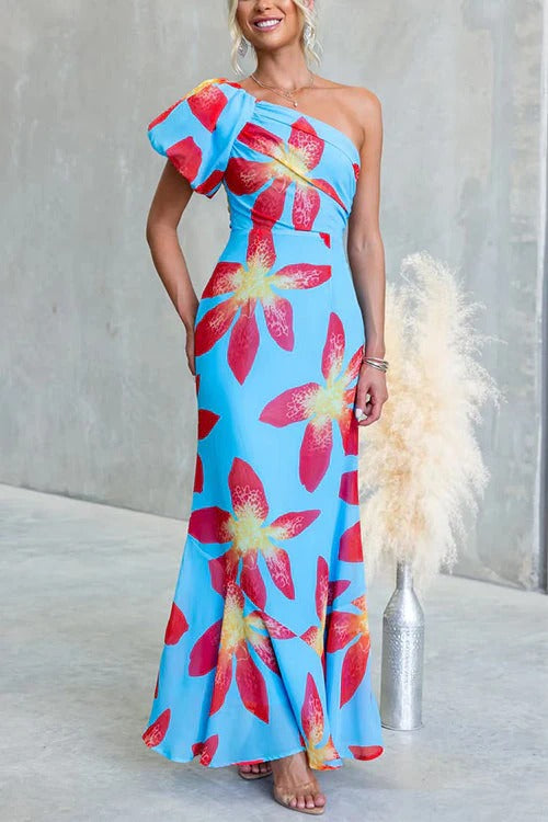 One Shoulder Puff Short Sleeve Floral Print Maxi Dress