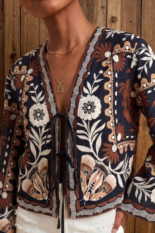 Vintage Printed V-Neck Tie Front Flare Sleeve Cropped Cardigan