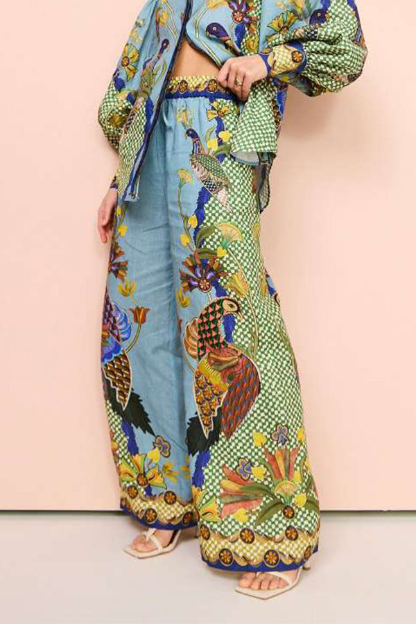 SMYRNA UNIQUE HEAVEN BIRD PRINT ELASTIC WAIST POCKETED WIDE LEG PANTS Blue