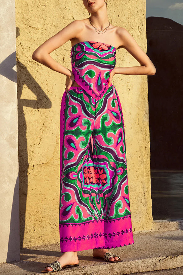 Ethnic Style Unique Print Tube Top and Elastic Waist Casual Pocket Wide Leg Pants Set Rose red