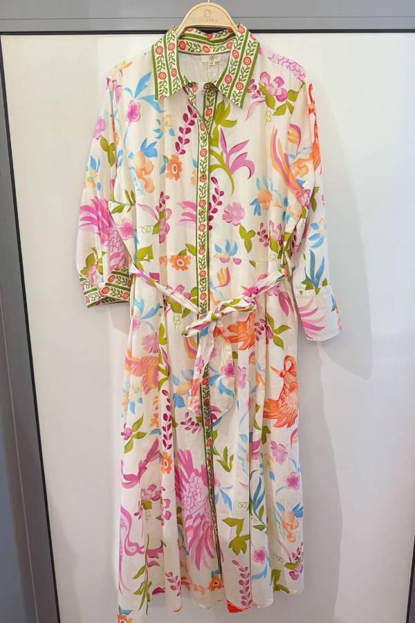 Bohemian Floral Bird Print Shirt Dress With Waist Belt