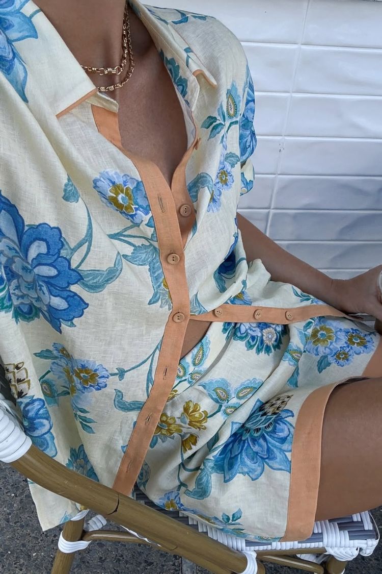 Giselle Linen Blend Floral Print Short Sleeve Shirt and Zipper Mini Skirt Set