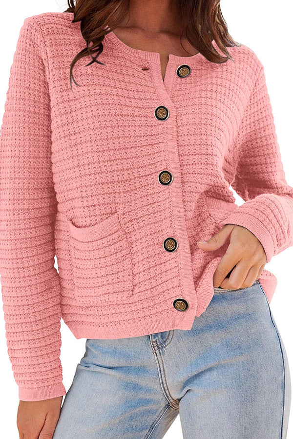 Retro long-sleeved round neck knitted new cardigan Pink